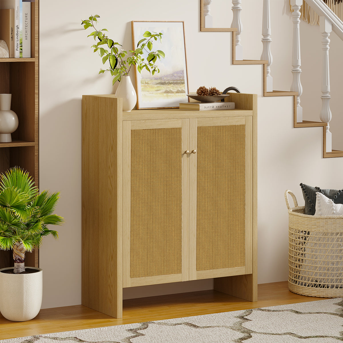 42.5' Tall Rattan Shoe Cabinet with Doors, 6-Tier Shoe Storage Cabinet with Adjustable Shelves, Wooden Freestanding Shoe Organizer Shoe Cabinet for Entryway,Hallway,Living Room (Natural)