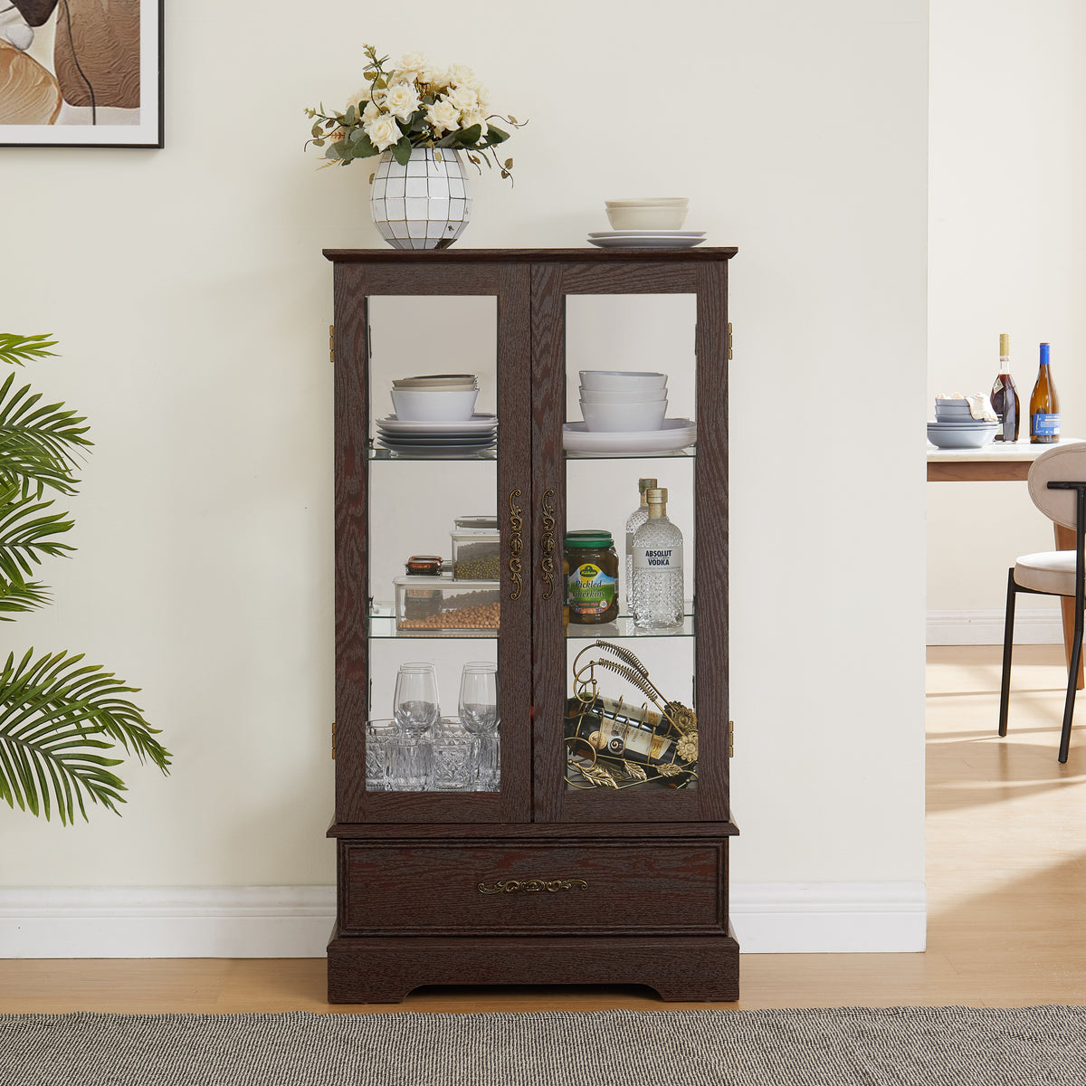Vale cherry lighted curio cabinet with drawer, view 7