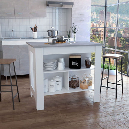 Kitchen Island, kitchen table 35' H, Four Legs, Three Open Storage Shelves, White / Ibiza Marble