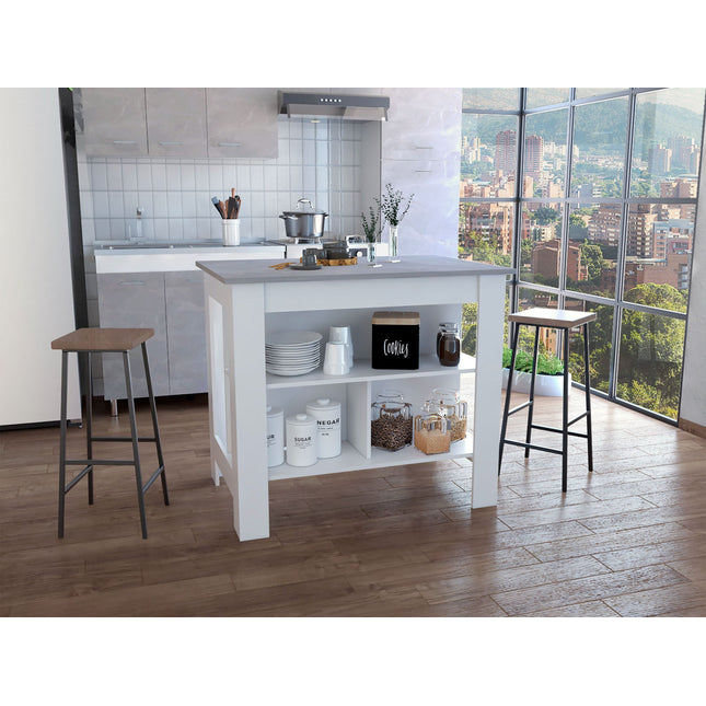 Kitchen Island, kitchen table 35' H, Four Legs, Three Open Storage Shelves, White / Ibiza Marble
