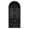 Modern Minimalist Arched Top Storage Cabinet with Tempered Glass Doors, Fixed 2-Tier Shelves, 2 Large Drawers, Soft Close Hinges & Exquisite Metal Handles, Black