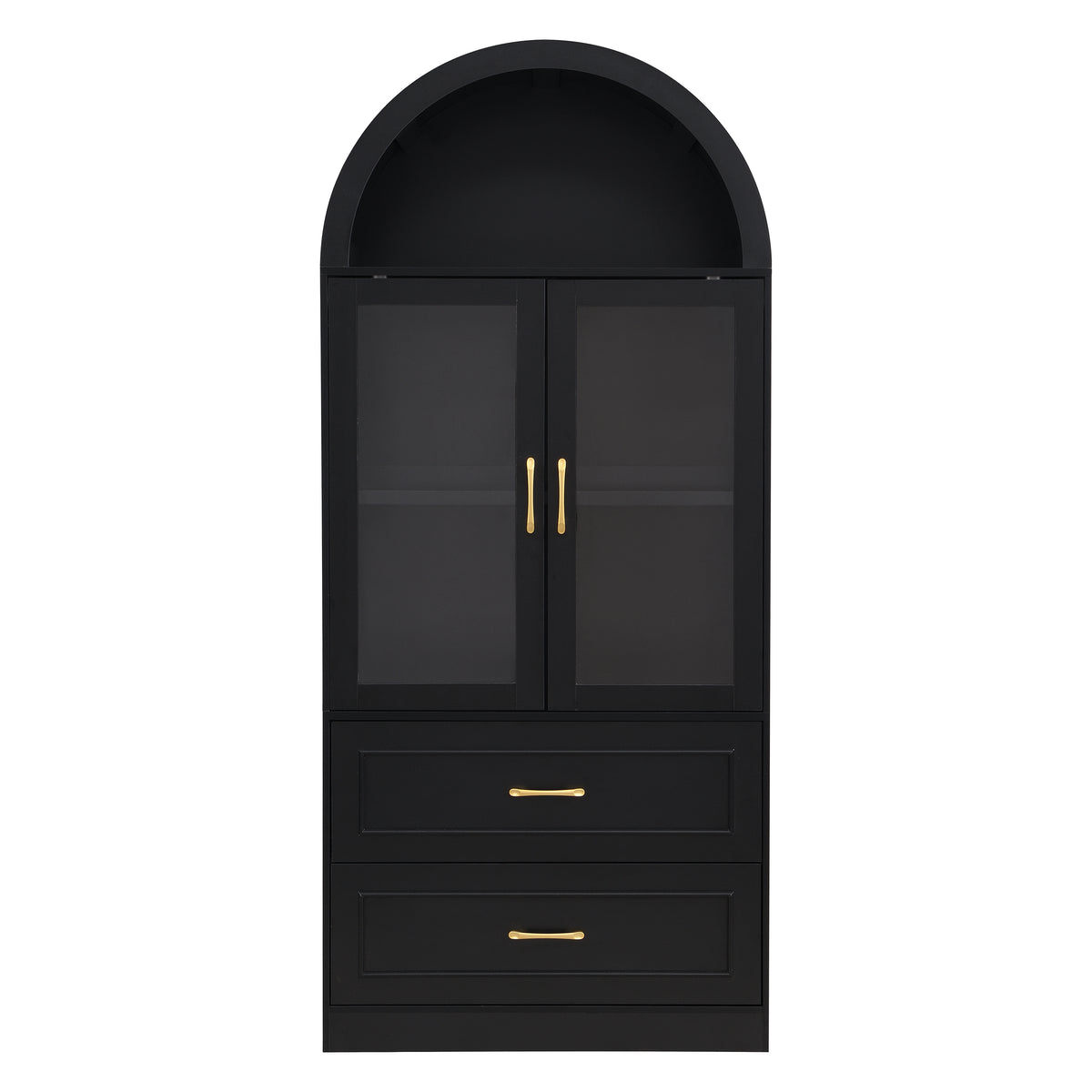 Modern Minimalist Arched Top Storage Cabinet with Tempered Glass Doors, Fixed 2-Tier Shelves, 2 Large Drawers, Soft Close Hinges & Exquisite Metal Handles, Black