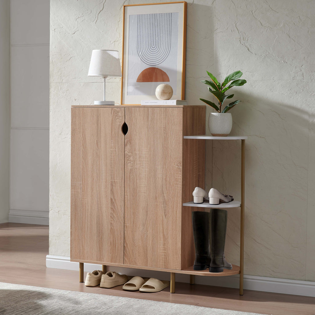 Two door shoe storage console cabinet holds up to 18 pairs of shoes with outside shelves for display plants two tone color