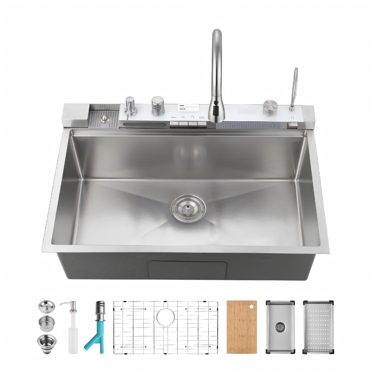 Pull-out Faucet Single Bowl Sink Kitchen Vegetable Sink 304 33'x22' Whale Waterfall Sink Stainless Steel Dish Sink wIth Dishwasher Accessories Household Vegetable Washing Basin, Dark Gray