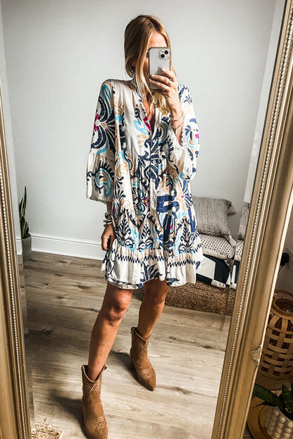 White Ethnic Print Boho Button Tiered Mini Dress - Eloy Royal