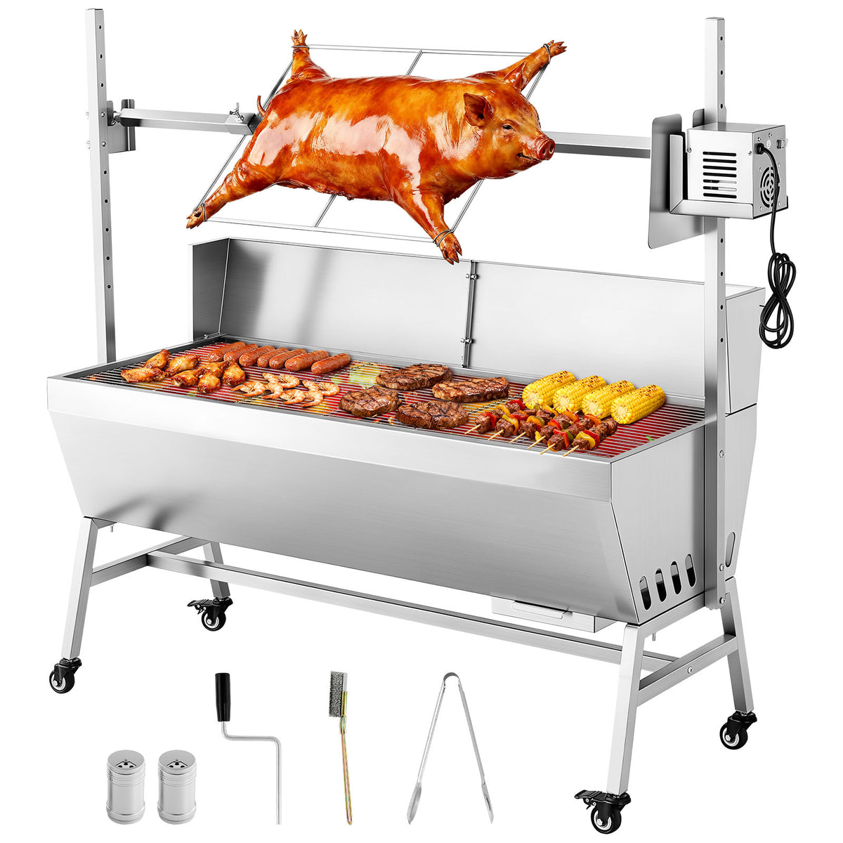 Rotisserie Grill, 38W BBQ Outdoor Pig & Lamb Spit Roaster, Charcoal Spit Roaster with 132 LBS Capacity, Wheels & 4-Level Height, Stainless Steel Electric Rotisserie Grill Kit for Camping Outdoor