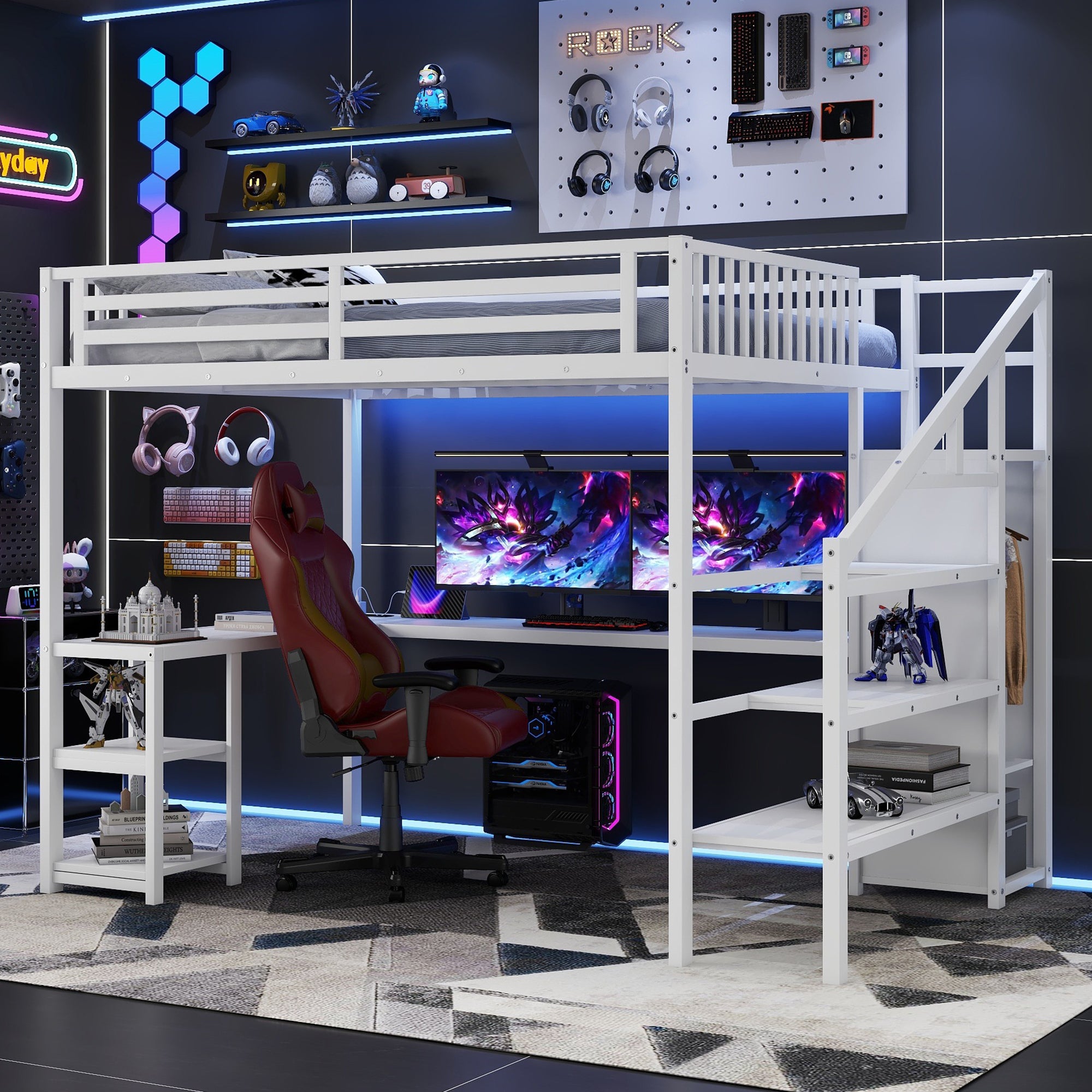 Metal Queen Loft Bed with Wardrobe and LED Light, Queen Size Loft Bed with L Shaped Desk and USB for Kids Teens Adults, White(Expect arrived on 2025/9/8)