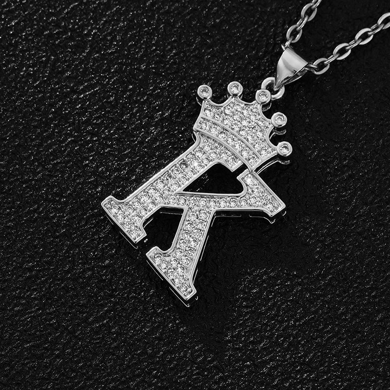 Unisex Copper Inlaid Zircon Crown English Letter Pendant Necklace