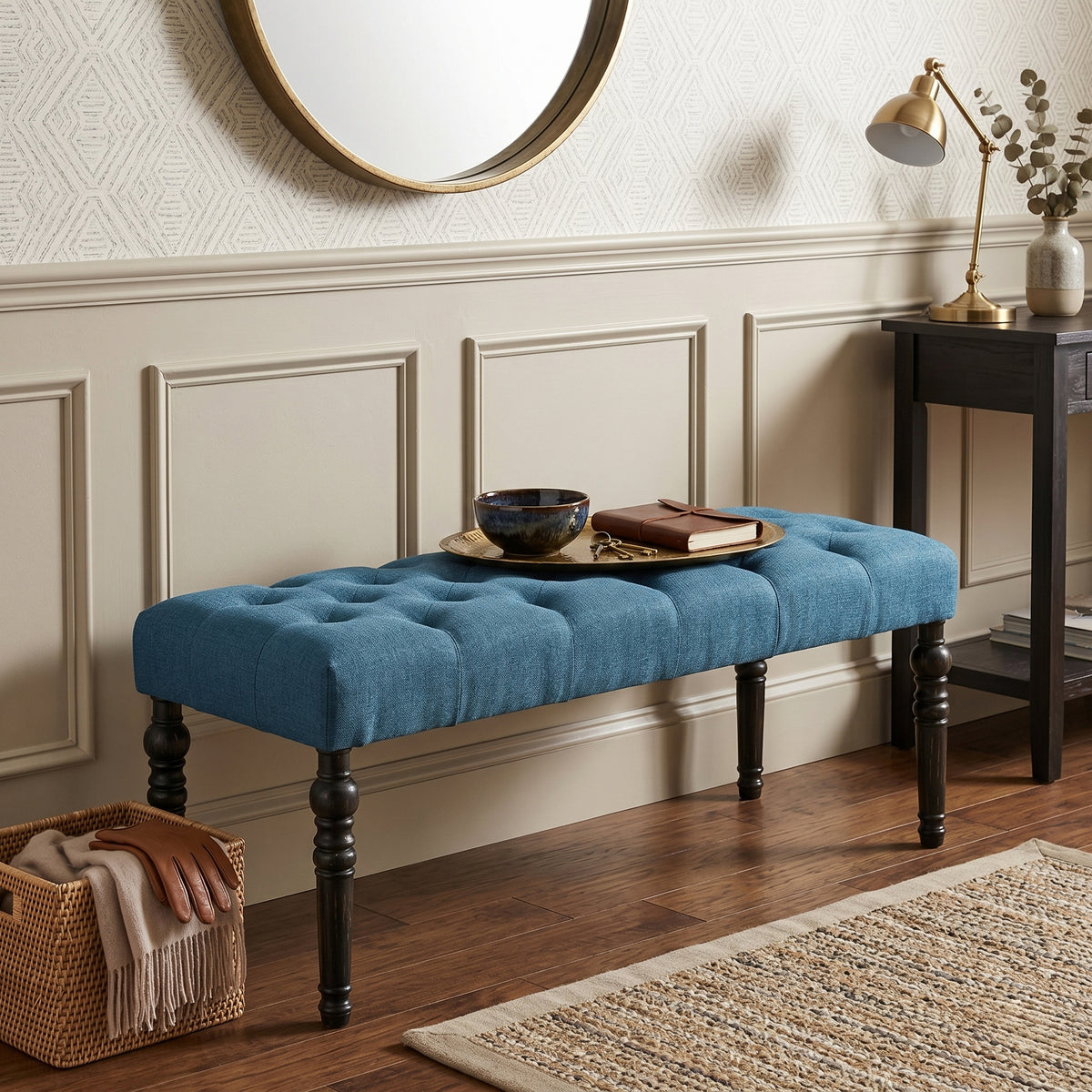 Leviton Fabric Tufted Turned Leg  Dining Bench, Blue