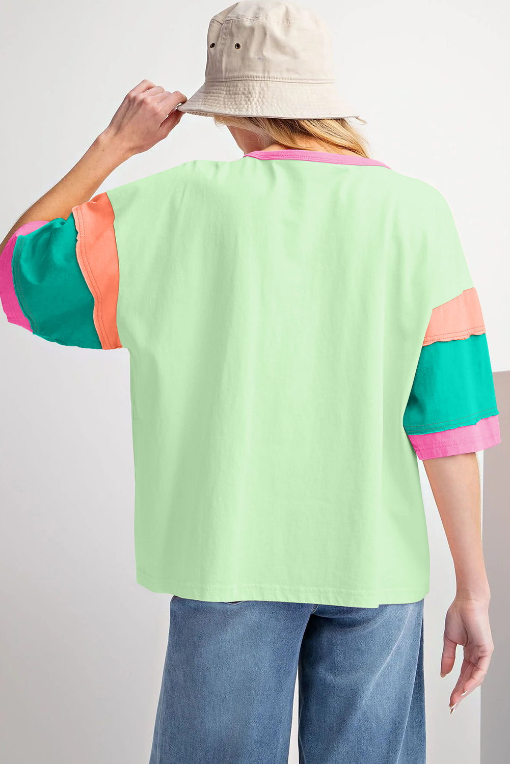 Green Color Block Sleeve Round Neck Oversize Top - Eloy Royal