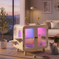 Cat Hidden Litter Box Enclosure with RGB LED Light, Cat House with Stairs and Cat Pom-pom Toys for Fun, Cat Washroom Cabinet with Litter Leak Walkway and Glass Doors for Better View,Beige