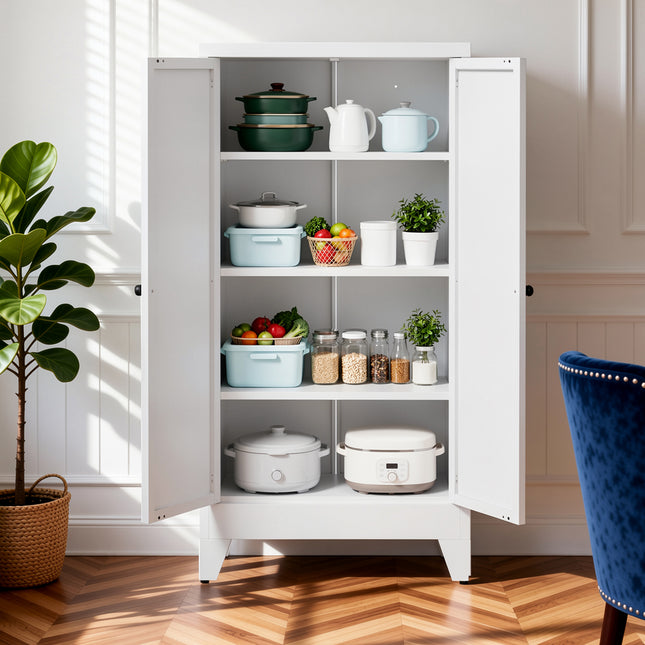47.3' White Metal Kitchen Pantry Cabinet Adjustable Storage with 3 Shelves (110lb Capacity), Heavy Duty Freestanding Pantry Organizer for Kitchen, Pantry, Living Room