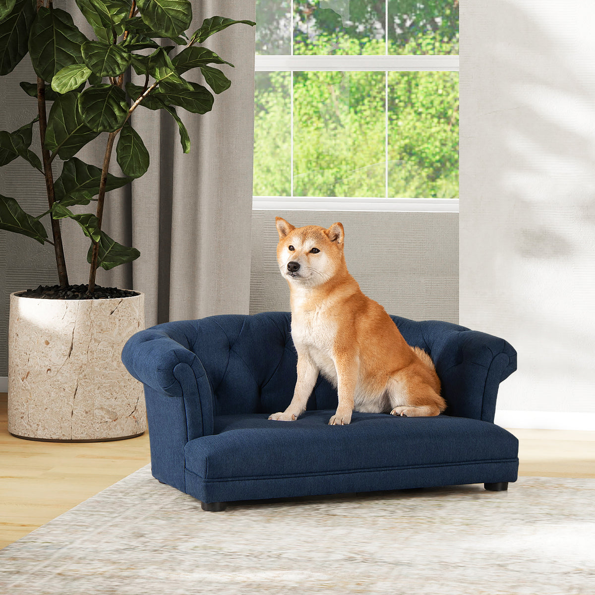 Kiki 36.5' Chesterfield Dog Sofa Bed, Medium, Pacific Blue Stain Resistant High Performance Polyester