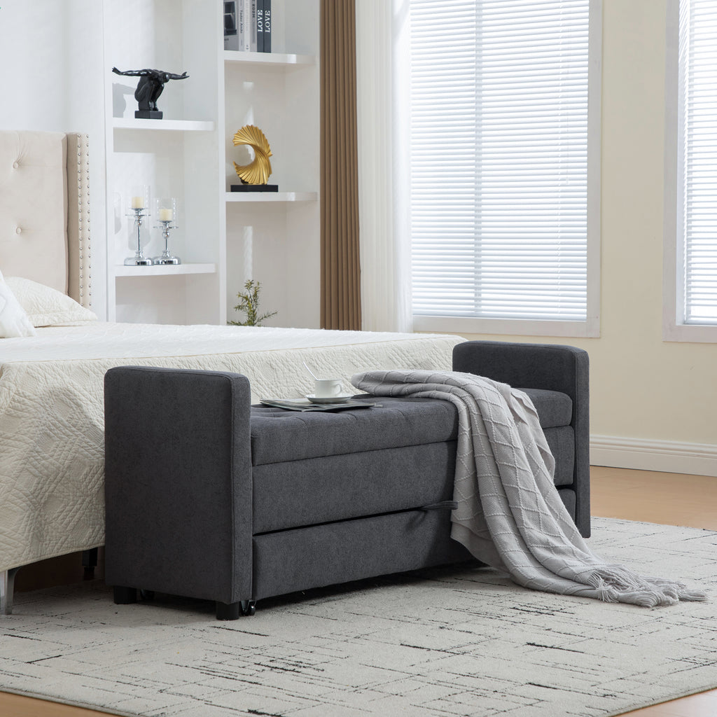 58.27' Wide Modern Upholstered Storage Bench With Double Storage Space, Napped fabric Foot Stool With Rolled Armrest For Living Room,Entryway,Dormitory,Bedroom,Gray