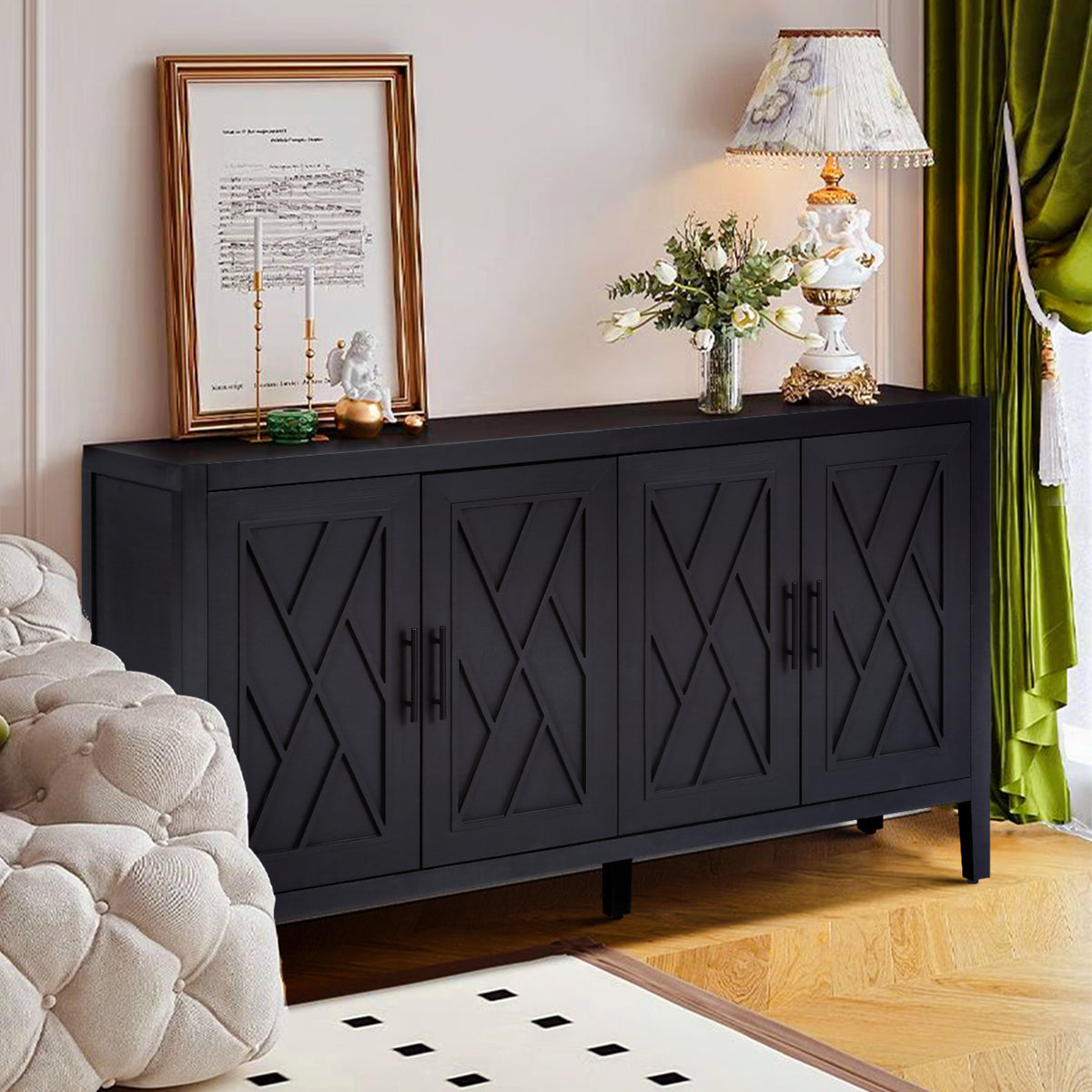 Grosvenor Twill-Panel Four-Door Sideboard, Black and Dark Walnut, 60 in