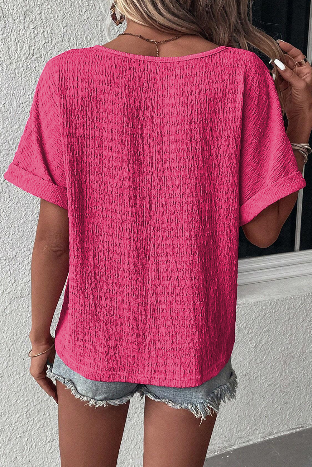 Bright Pink Textured Rolled Short Sleeve V Neck Blouse - Eloy Royal