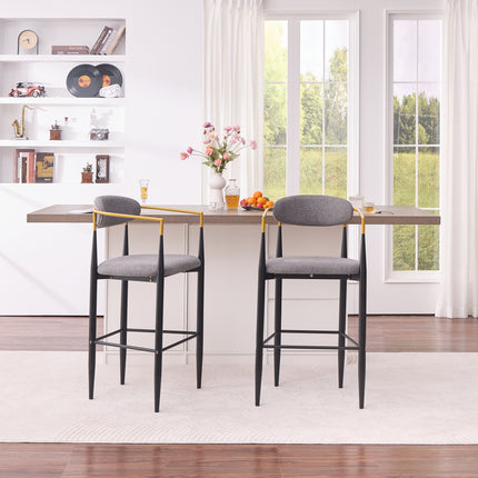 Modern Upholstered Bar Stool with Gold-Accented Armrests - 23' Seat Height,Ergonomic Design for Kitchen Island or Dining Counter Use,Set of 2 - Grey Fabric & Black Metal Frame