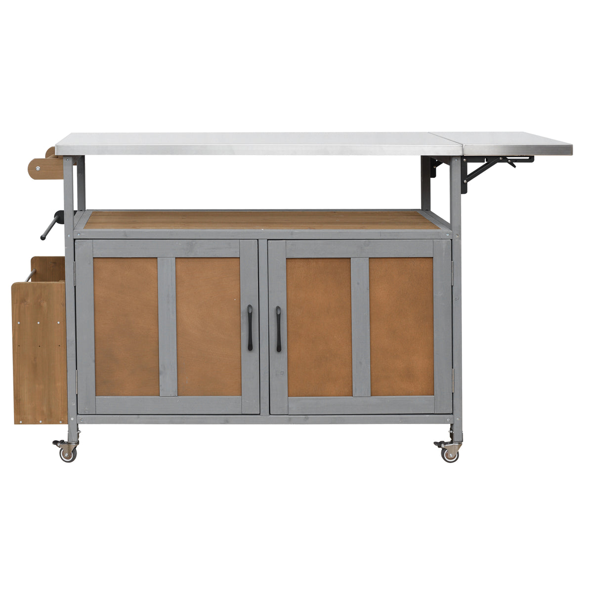 Foldable Outdoor Kitchen Island with Lockable Wheels, Storage Cabinet and Towel Rack in Espresso+Grey, Stainless Steel Top and Fir Wood Frame