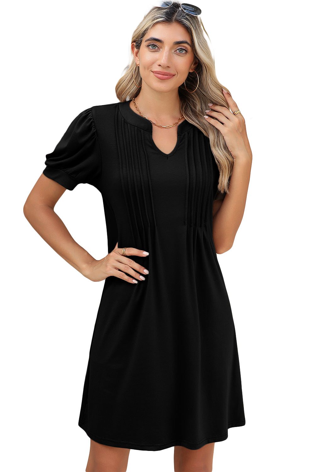 Desert Palm Notched Neck Pleated Puff Sleeve T Shirt Dress - Eloy Royal