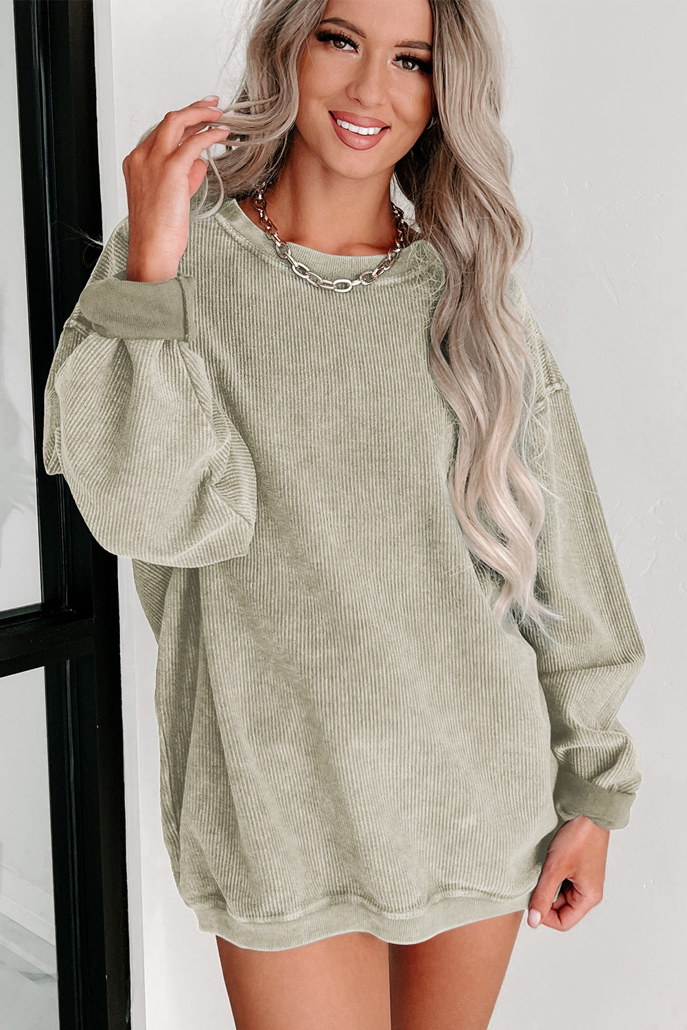 Khaki Solid Ribbed Round Neck Pullover Sweatshirt - Eloy Royal