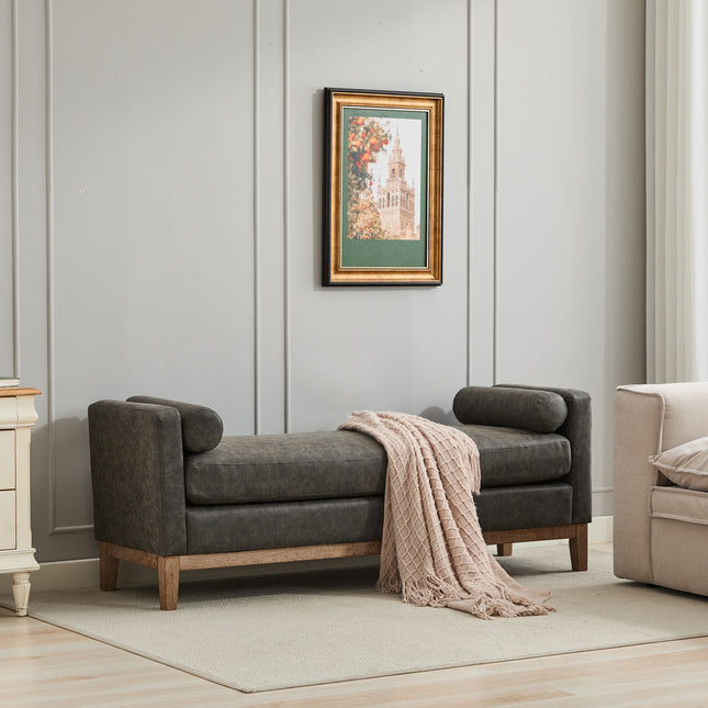 66.34'W Upholstered End of Bed Bench with Weathered Finish Wood Frame, Daybed, Footrest Stool Ottoman with Arms & Wood Legs & 2 Bolsters for Bedroom, Window, Living Room, Entryway, Hallway, Gray PU
