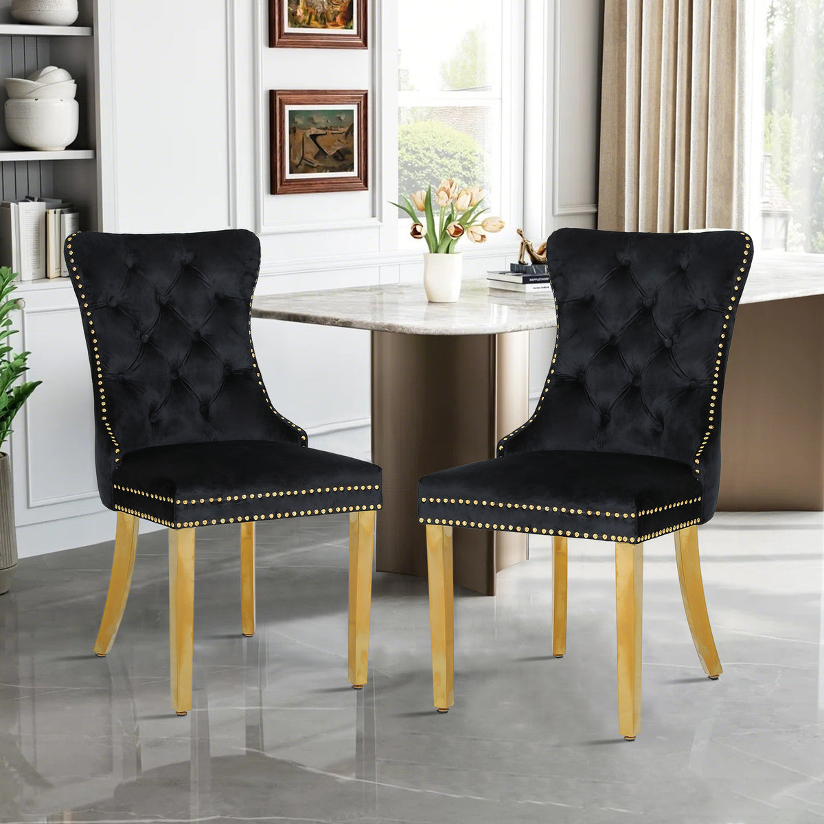 Rubberwood velvet ergonomic chairs, set of 2,BLACK
