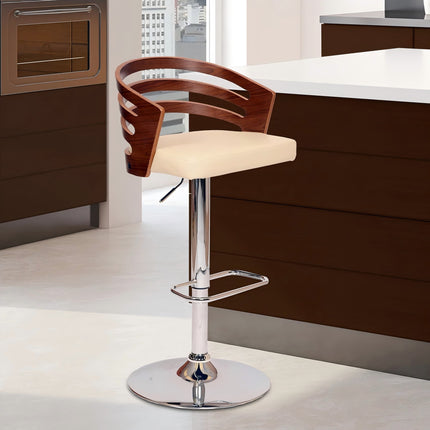 Elledie Adjustable Height Swivel Cream Faux Leather and Walnut Wood Bar Stool with Chrome Base