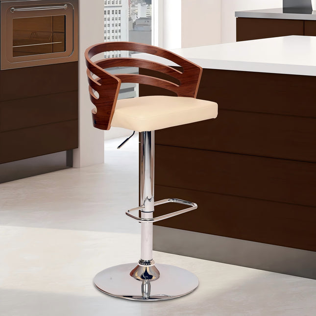 Elledie Adjustable Height Swivel Cream Faux Leather and Walnut Wood Bar Stool with Chrome Base