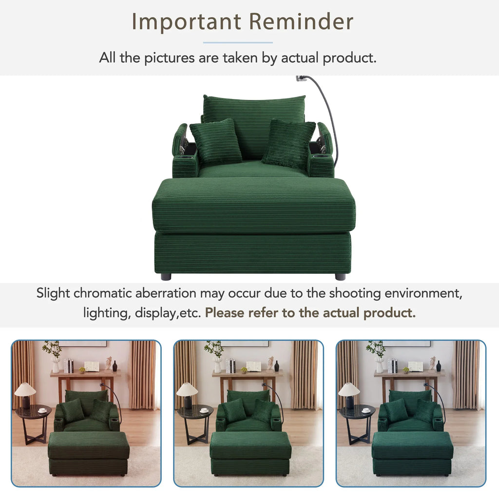 Modern Style Single Sofa Couch with Storage, USB Ports, Cup Holders, Green Corduroy - Eloy Royal