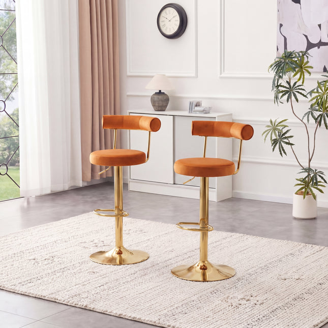Soft Velvet Upholstered Swivel Adjustable Bar Chair with electroplated gold legs - Dining Room Living Room Bar Cafe Reception Desk Bar Stool(Brown, Set of 2)