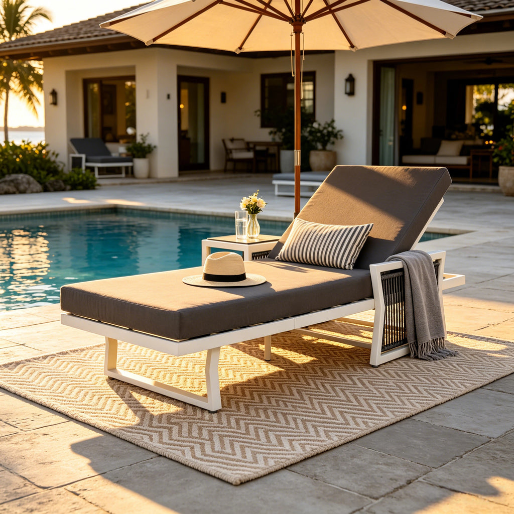 White Iron Outdoor Chaise Lounge with Black Rope Armrests & Dark Grey 4' Foam Cushion, 5-Position Adjustable Recliner, Water Resistant Cushion, 400 LBS Capacity for Patio Pool Backyard