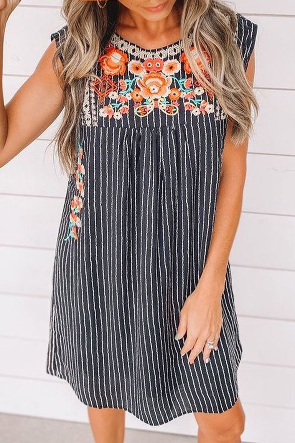 Navy Blue Boho Striped Cap Sleeve Embroidered Short Dress - Eloy Royal