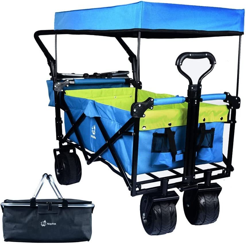 Collapsible Wagon 140L Wagons Carts Foldable with Removable Canopy, Folding Wagon Cart with Wheels for All-Terrain with Brake, Foldable Wagon with Cooler Bag, for Camping Beach Shopping