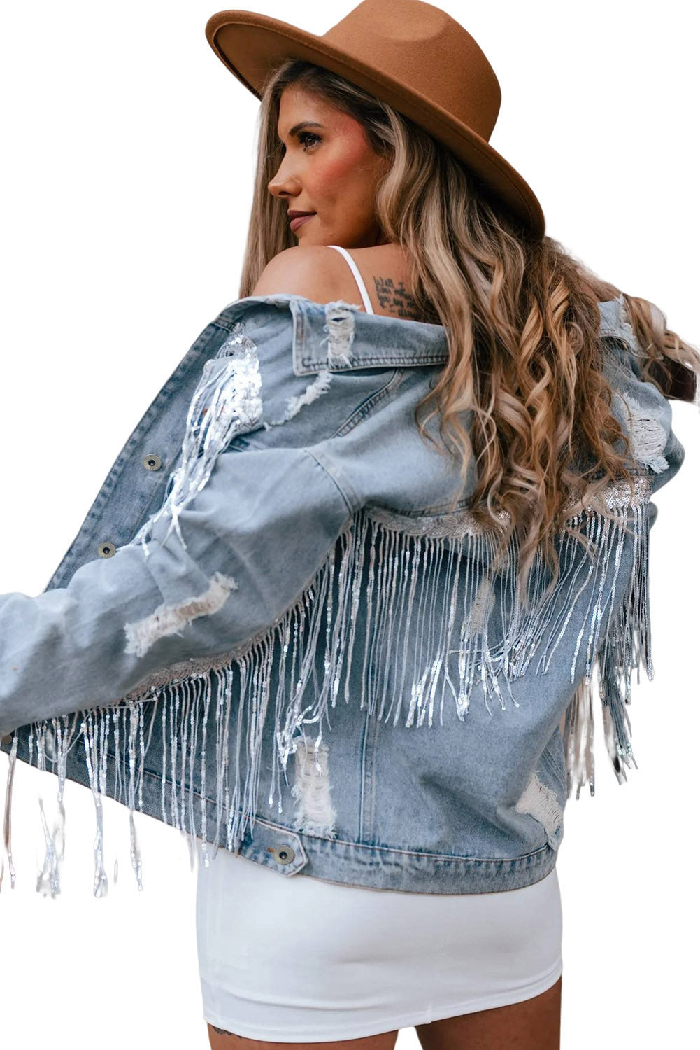 Wholesale Blue Sequined Fringe Distressed Button Up Denim Jacket - Eloy Royal