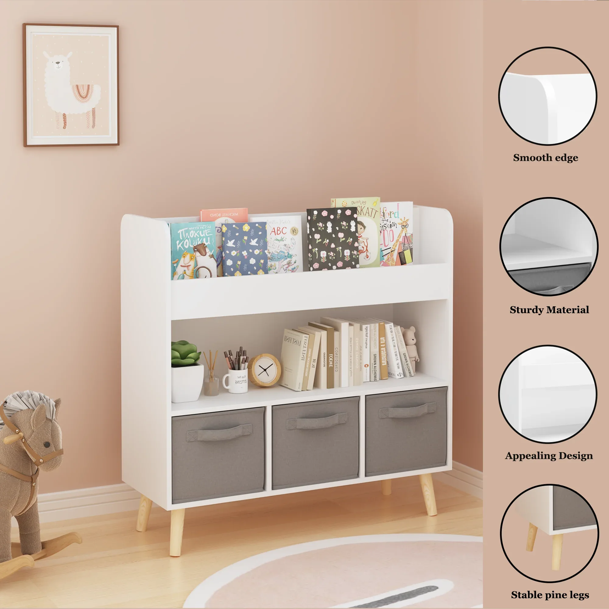 Modern Kids Bookshelf with 3 Fabric Bins, White and Gray Storage Shelf for Toys and Books, Ideal for Playroom, Bedroom, or Nursery - Eloy Royal