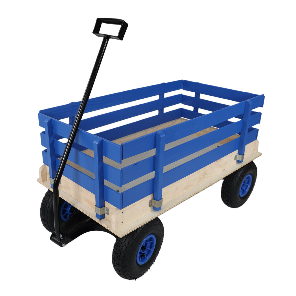 Blue Wooden Kids Pull Wagon with Removable Side Rails & All Terrain Wheels, Heavy Duty Outdoor Garden Cart for Toddlers, Portable Toy Wagon for Beach, Camping & Backyard Play