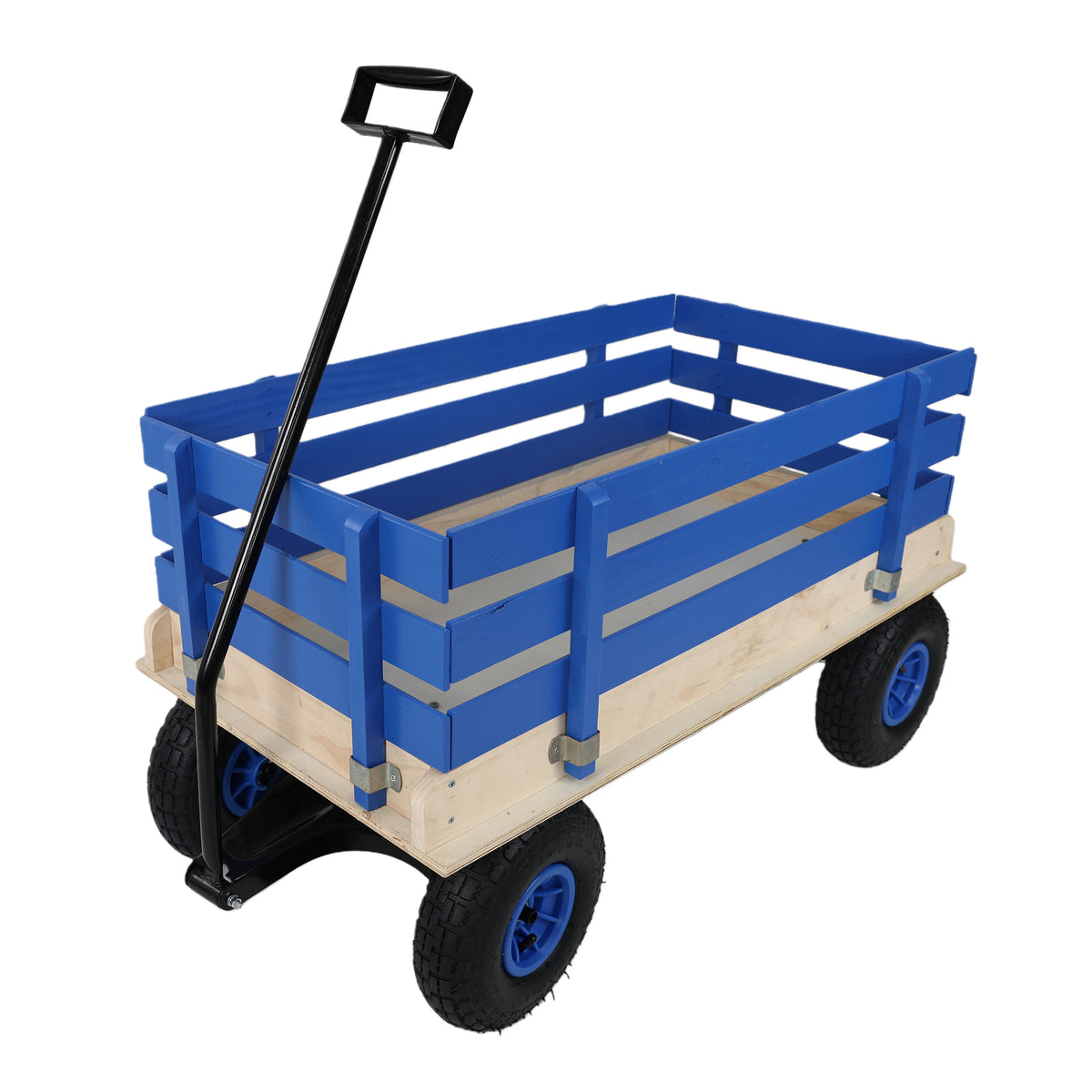 Blue Wooden Kids Pull Wagon with Removable Side Rails & All Terrain Wheels, Heavy Duty Outdoor Garden Cart for Toddlers, Portable Toy Wagon for Beach, Camping & Backyard Play