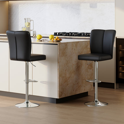 Modern Black PU Bar Stool Set - 2-Piece, featuring vertical and smooth-lined backrests with trumpet-shaped silver metal legs. Ideal for placement in bars, living rooms, lounges, and similar settings.