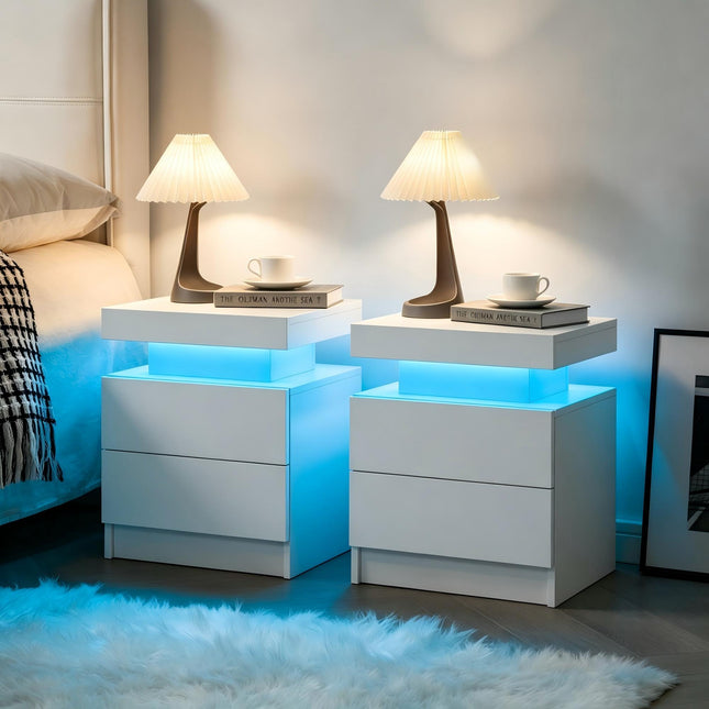 LED Nightstands Set of 2, Bedside Table Cabinet Lights Modern End Side with 2 Drawers for Bedroom (White)