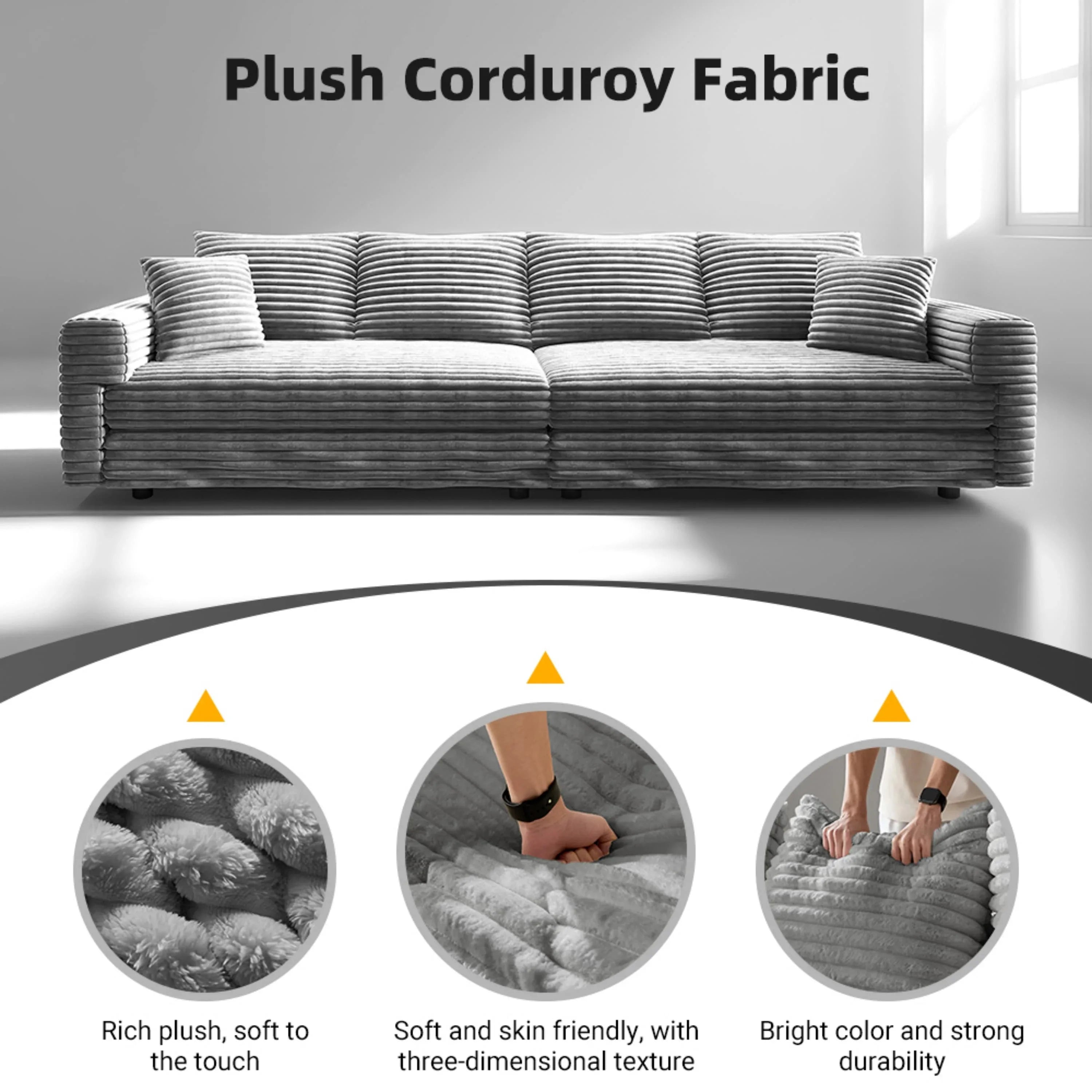 82.7 'Plush Corduroy 3-Seat Sofa,Modern Comfy Upholstered Sofa Cloud Couch,Deep Seat Couches with Soft Pillows and 2 Ottomans,Convertible Sofa Lounge Chair,for Living Room,Apartment,Office,Grey - Eloy Royal