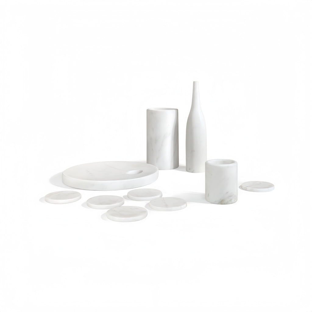 Luxury White Natural Marble Dining Room Accessories Set, 10 Pieces, Elegant Natural Stone