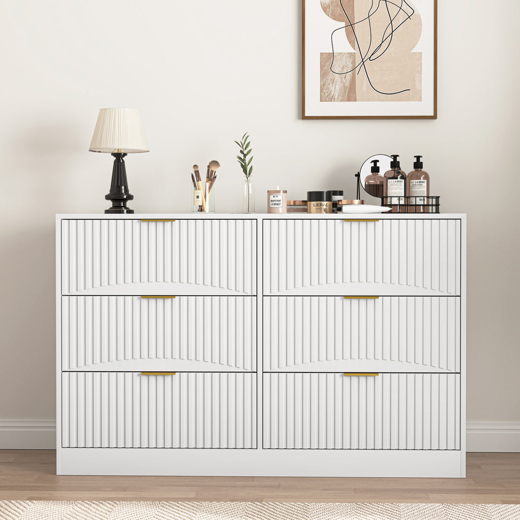 Modern 6-Drawer Dresser, Chest of Drawers for Bedroom, Living Room, Hallway, and Entryway - Large Storage Cabinet, White,Drawer panel with wavy patterns