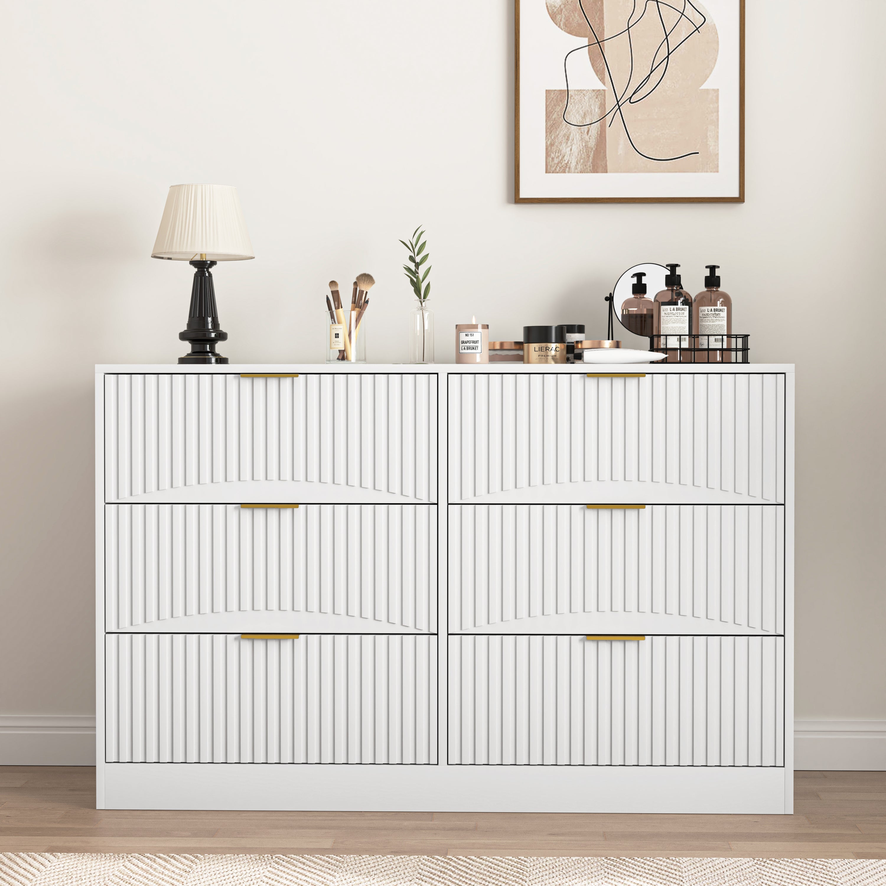 Modern 6-Drawer Dresser, Chest of Drawers for Bedroom, Living Room, Hallway, and Entryway - Large Storage Cabinet, White,Drawer panel with wavy patterns