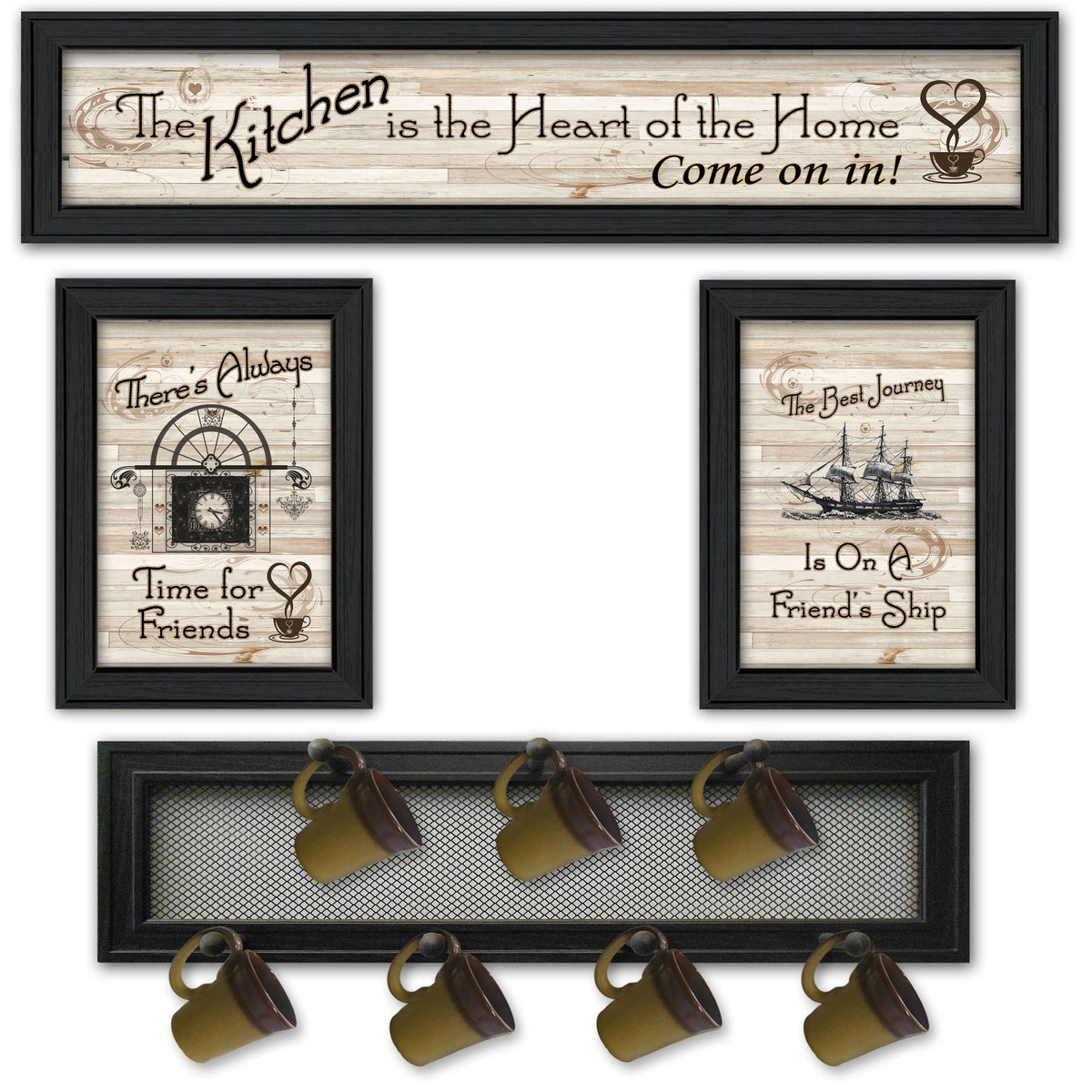 'Kitchen Collection VI' 4-Piece Vignette with 7-Peg Mug Rack by Millwork Engineering, Black Frame