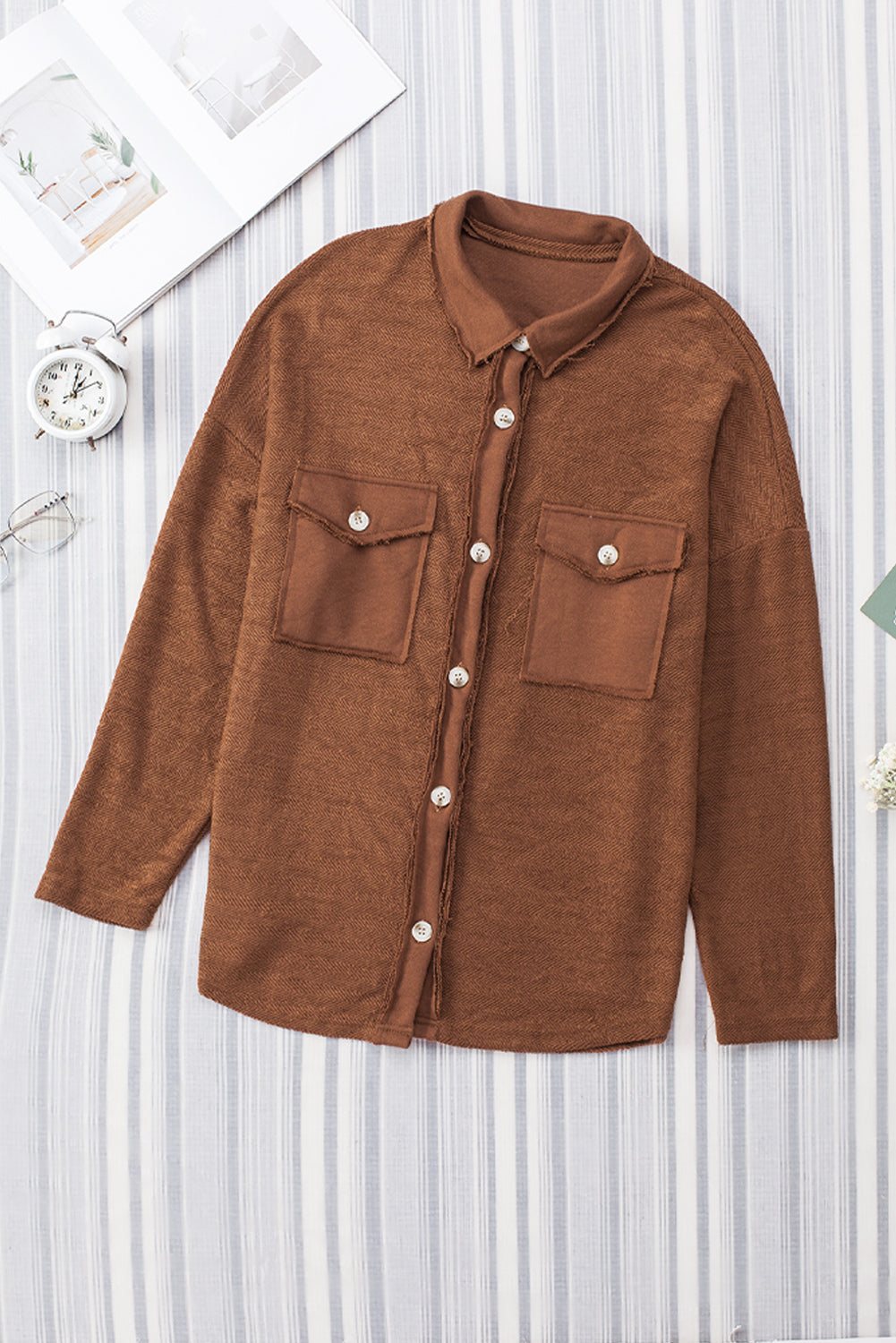 Wholesale Brown Solid Color Textured Button Up Shacket with Pockets - Eloy Royal