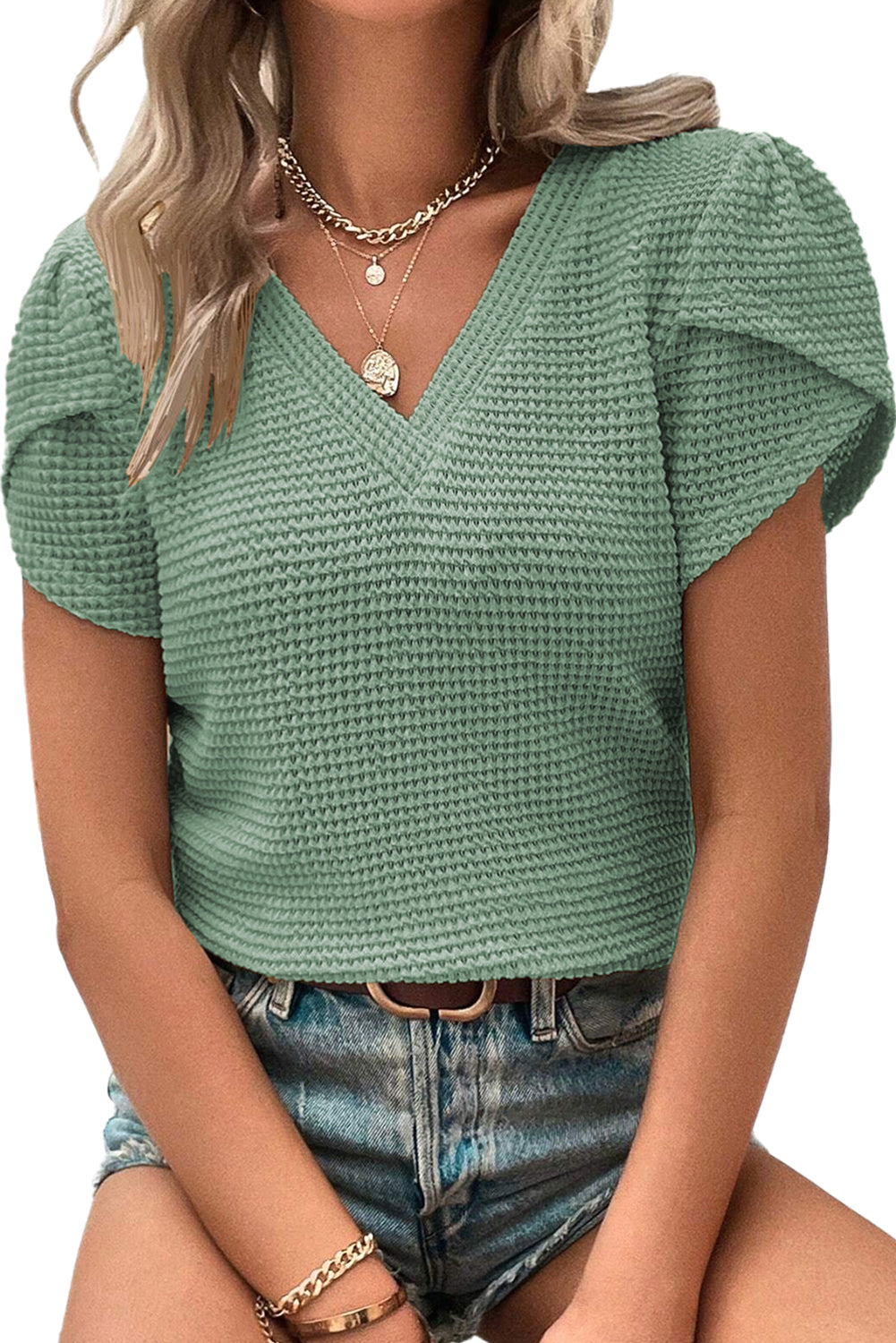 Mist Green Tulip Sleeve Waffle Knit V Neck T-Shirt - Eloy Royal