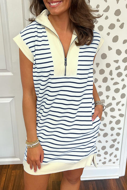 Navy Blue Striped Quarter Zip Collar Cap Sleeve Mini Dress - Eloy Royal