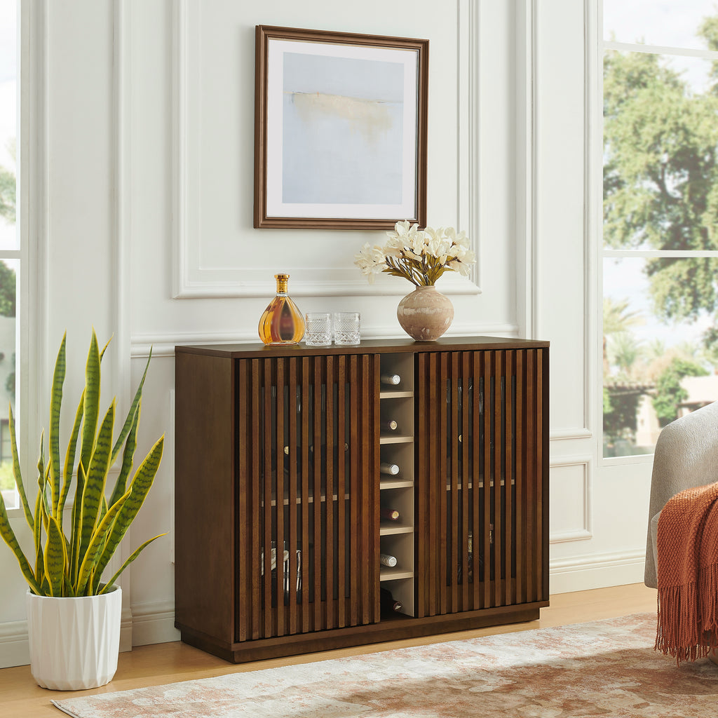 Mid Century Modern Fluted Hollowed Out Liquor Cabinet, Buffet Cabinet with Wine Glass Holder & Wine Rack, Storage Cabinet for Living Room, Entryway, Hallway, Dining Room, Kitchen