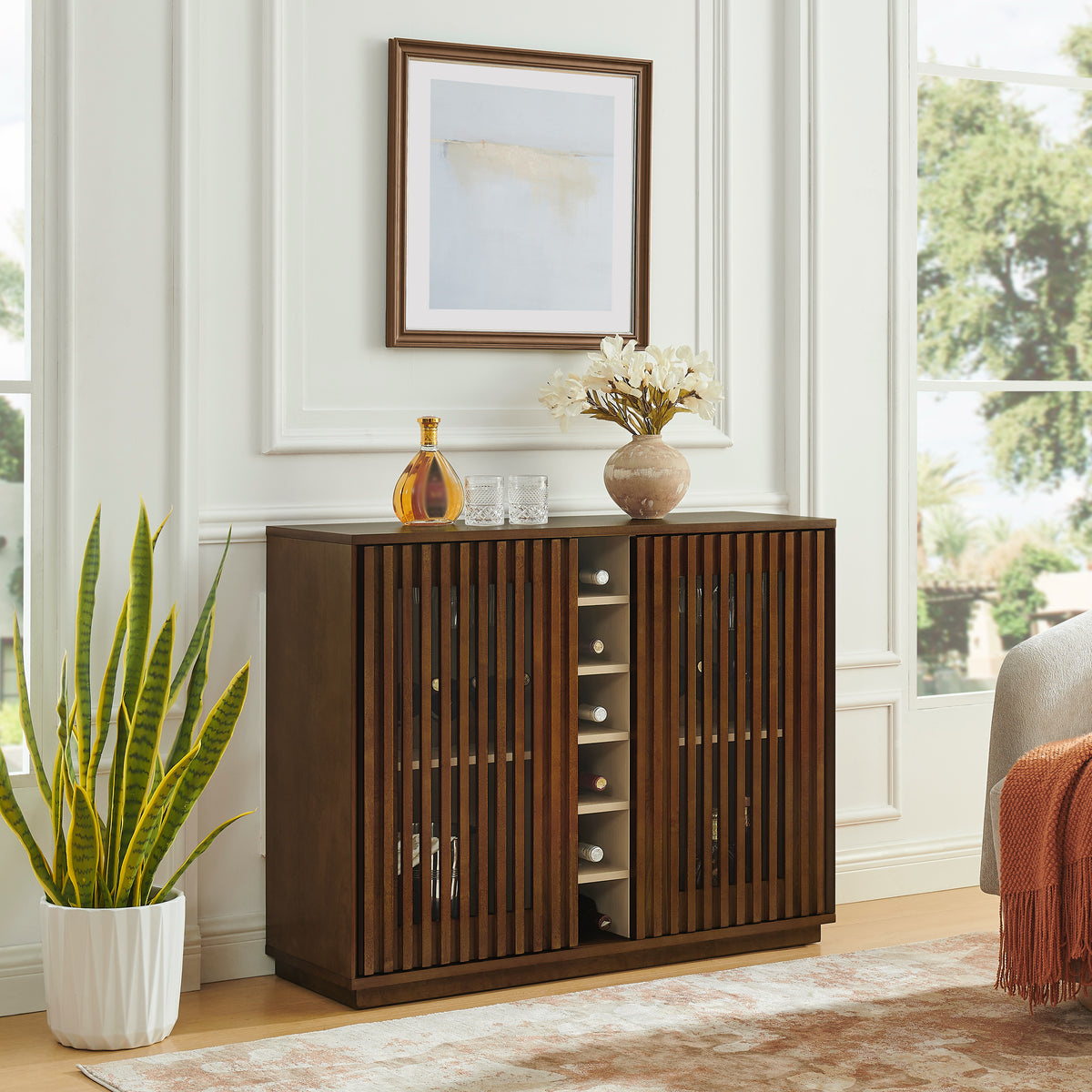 Mid Century Modern Fluted Hollowed Out Liquor Cabinet, Buffet Cabinet with Wine Glass Holder & Wine Rack, Storage Cabinet for Living Room, Entryway, Hallway, Dining Room, Kitchen