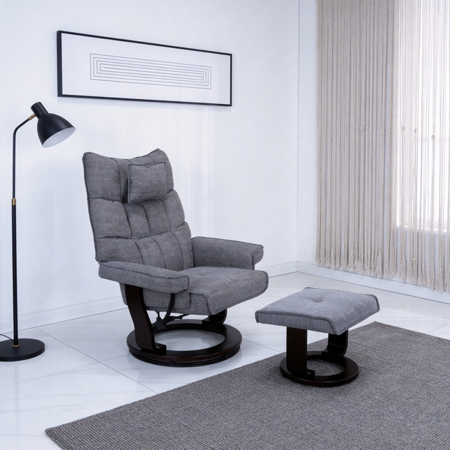 8-Point Massage Recliner with Ottoman, Heated Chenille Fabric  Reclining Chair, Bent Wood  Base, Indoor Lounge TV Chair with Footrest for Living Room and Bedroom, Grey